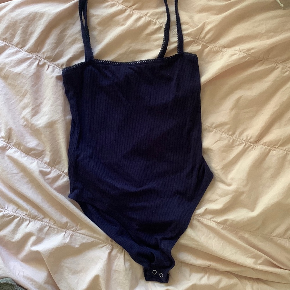 URBAN OUTFITTERS basics blue lace trim tank bodysuit ribbed